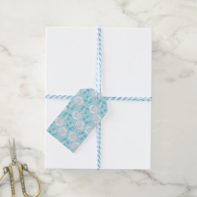 Carnation leaves and flowers aqua blue gift tag (With Twine)
