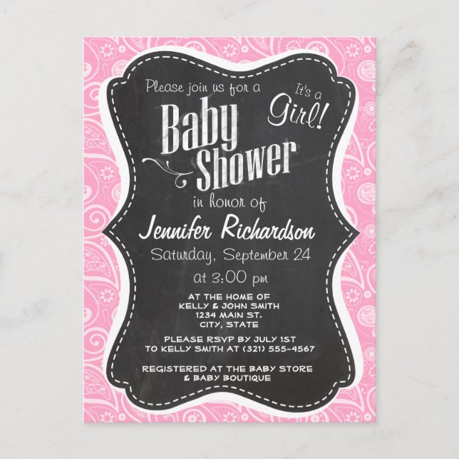 Carnation Pink Paisley; Vintage Chalkboard look Invitation Postcard (Front)