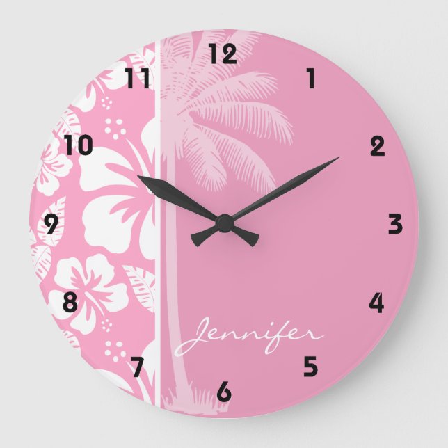 Carnation Pink Tropical Hibiscus; Summer Palm Large Clock (Front)