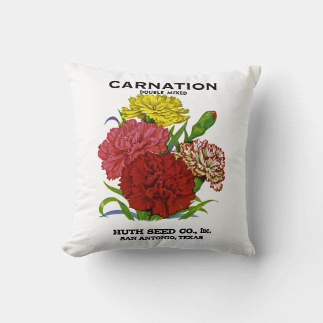Carnation Vintage Seed Packet Throw Pillow (Front)