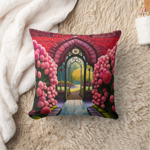 Carnations Adorn Gate: Welcome to Secret Garden Throw Pillow
