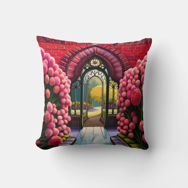 Carnations Adorn Gate: Welcome to Secret Garden Throw Pillow (Front)