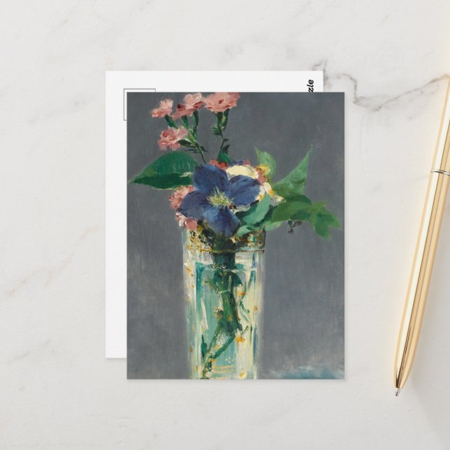 Carnations and Clematis in a Crystal Vase by Manet Postcard (Front/Back In Situ)