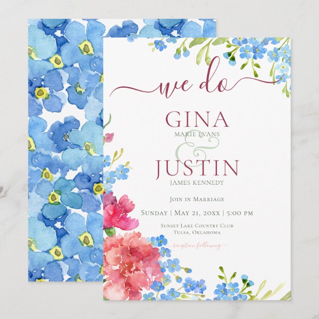 Carnations & Forget Me Nots Wedding Invitation (Front/Back)