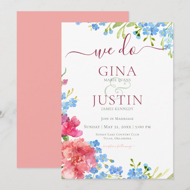 Carnations & Forget Me Nots Wedding Invitation (Front/Back)