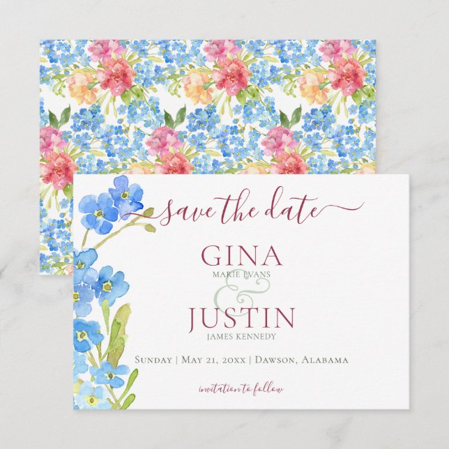 Carnations & Forget Me Nots Wedding Save The Date (Front/Back)