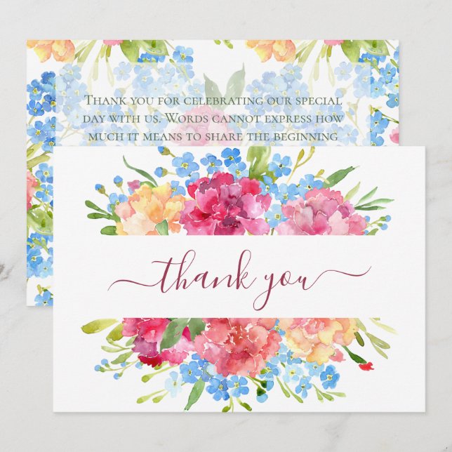 Carnations & Forget Me Nots Wedding Thank You Card (Front/Back)