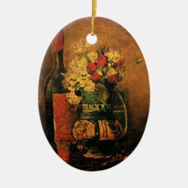 Carnations, Roses and a Bottle by Vincent van Gogh Ceramic Ornament (Front)