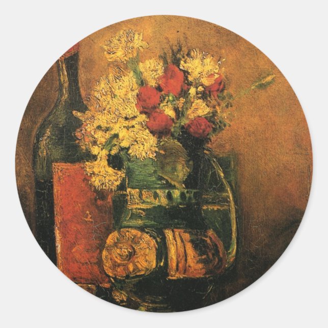 Carnations, Roses and a Bottle by Vincent van Gogh Classic Round Sticker (Front)