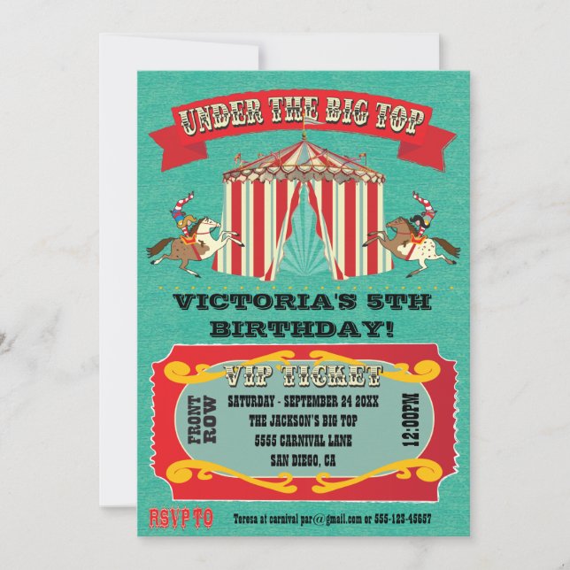 Carnaval de cirque Invitation de fête d'anniversai (Devant)