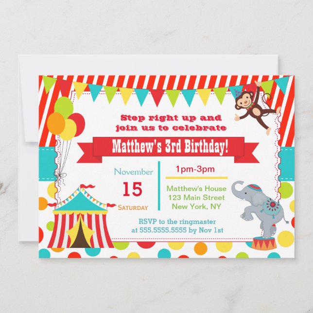Carnaval de cirque Invitations de fête d'anniversa (Devant)