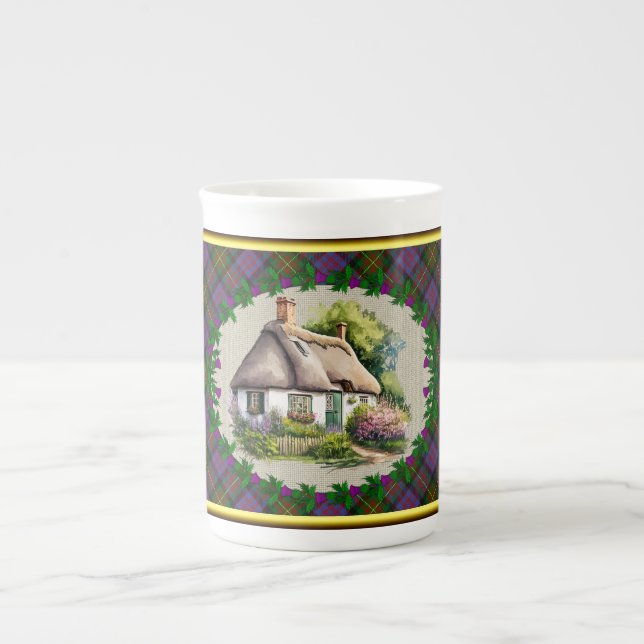 Carnegie Thatched Cottage & Tartan Personalized Bone China Mug (Front)