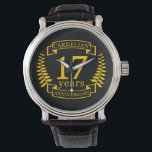 Carnelian Gemstone wedding anniversary 17 years Watch<br><div class="desc">A design to celebrate 17 years of marriage. This design has a yellow (Carnelian) coloured laurel design on a black background. Carnelian is the traditional gemstone for this occasion. The text reads Carnelian 17 years anniversary. A romantic design to celebrate your 17th year of marriage. If you would like any...</div>