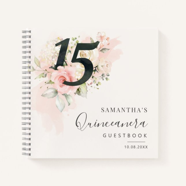 Carnet 15e anniversaire rose floral Qunceanera Invité (Devant)