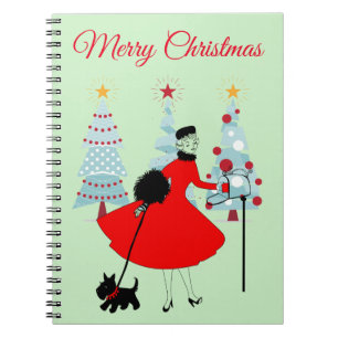 Carnet 1950 Noël Dame vintage avec Terrier Écossais