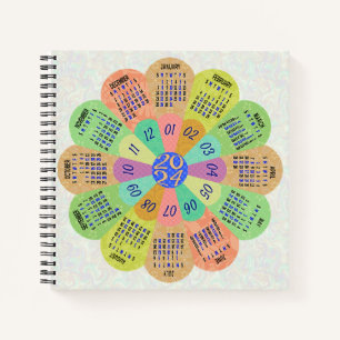 Carnet 2024 Calendrier Unique Arrondi Boho Retro Flower