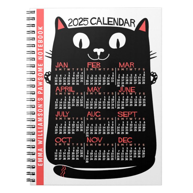 Carnet 2025 Année Calendrier mensuel Chat noir du milieu  (Devant)
