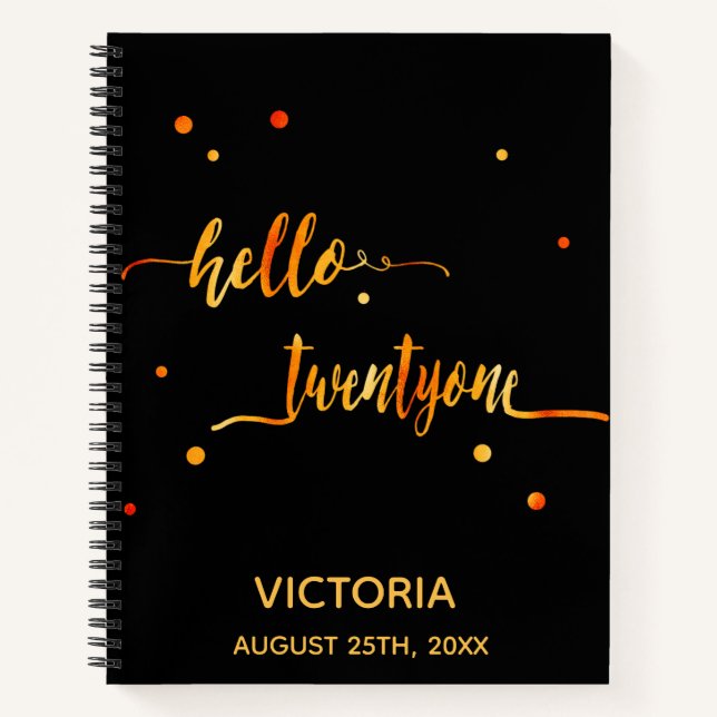 Carnet 21e anniversaire noir or hello 21 nom script (Devant)