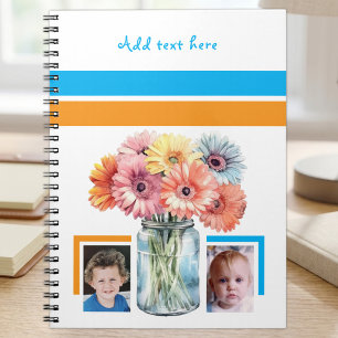 Carnet 2 fleurs de texte personnalisées bleu orange