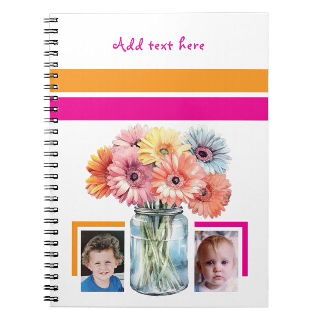 Carnet 2 photo custom text flowers pink orange (Devant)