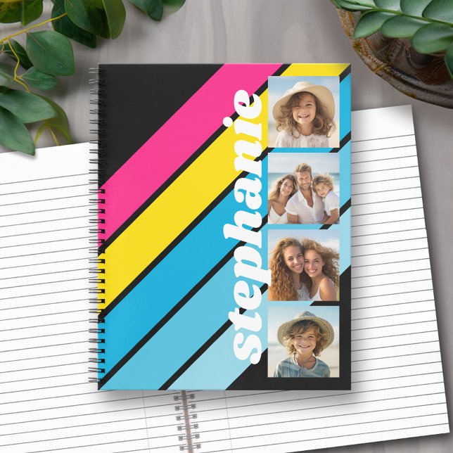 Carnet 4 Photo Retro stripe motif nom du script cmyk (Custom notebook with personalized cover)