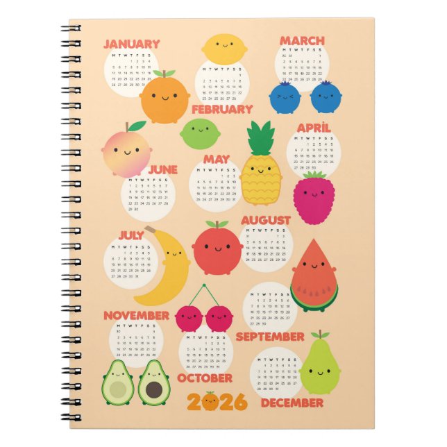 Carnet 5 Par Jour Kawaii Fruits 2026 Calendrier (Devant)