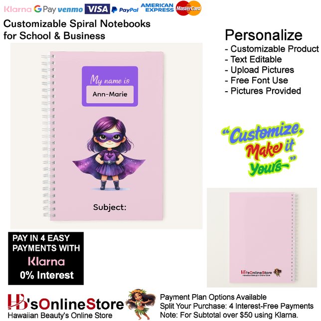 Carnet 6 Fournitures de papeterie pour filles enfants sup (6 Super Hero Kids Girl Writing Supplies Students Notebook.)
