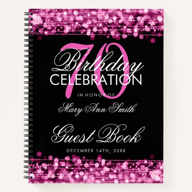 Carnet 70e anniversaire Guestbook Party étincelles rose (Devant)