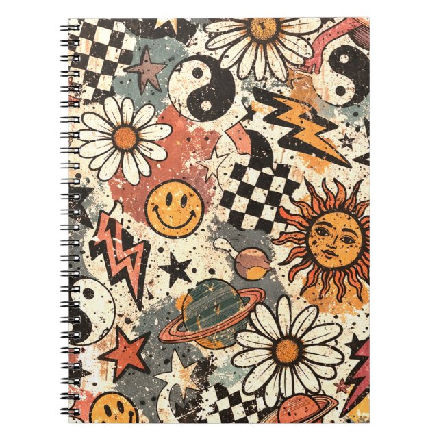 Carnet 90s Happy Faces Sun Flowers Pattern (Devant)