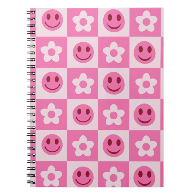 Carnet à damiers fleurs et visages heureux rose (Devant)