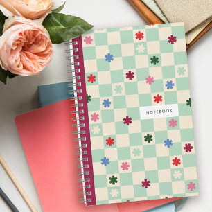 Carnet à motifs damier menthe étoiles fleurs