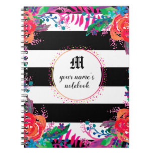 Carnet Abstraite aquarelle forêt florale noir rayé