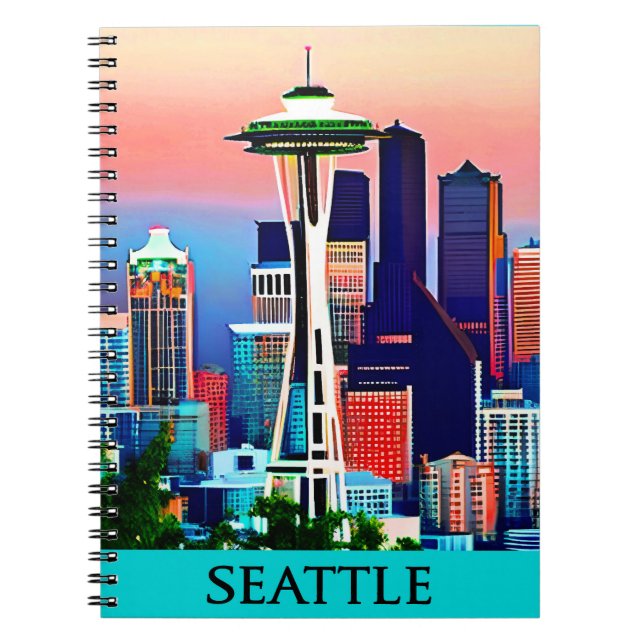 Carnet Affiche de voyage de Seattle sous un ciel d'aube (Devant)
