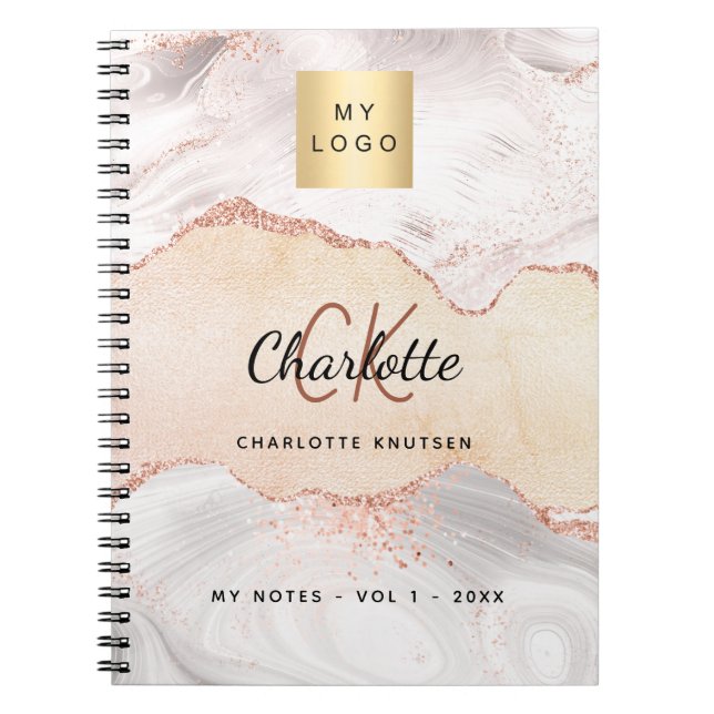 Carnet Agate rose or logo monogramme élégant entreprise (Devant)