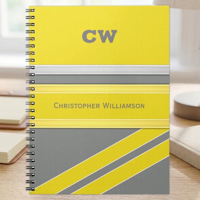 Carnet Ajouter le nom et les initiales jaune gris bureau (Créateur téléchargé)