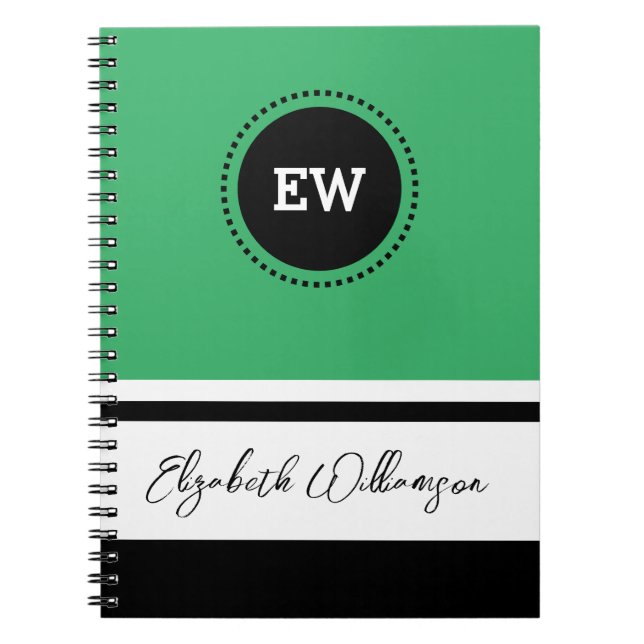 Carnet Ajouter les initiales et le nom vert et noir (Devant)