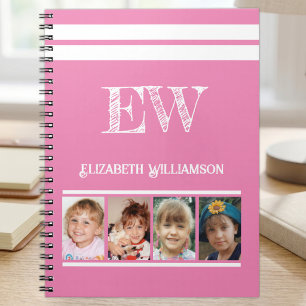Carnet Ajouter les initiales nom 4 photos rose blanc