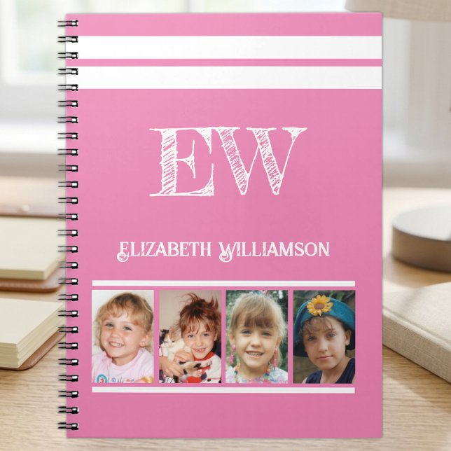 Carnet Ajouter les initiales nom 4 photos rose blanc (Créateur téléchargé)