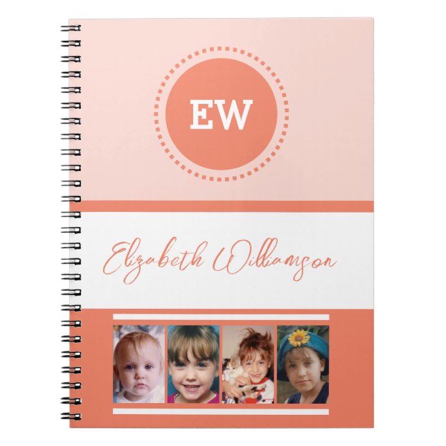 Carnet Ajouter nom initiales 4 photos blanc orange (Devant)