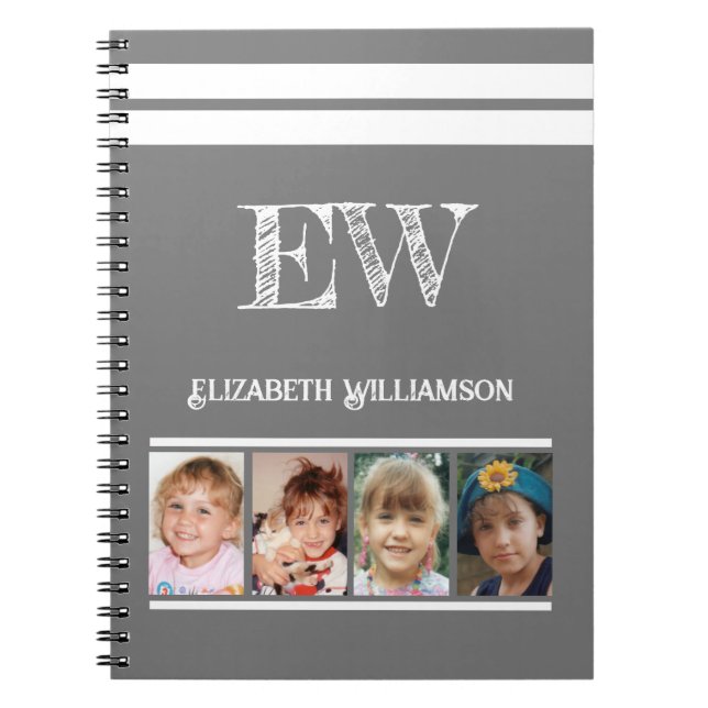 Carnet Ajouter nom initiales 4 photos gris blanc (Devant)