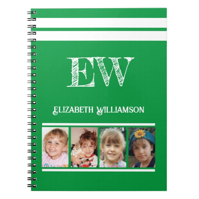 Carnet Ajouter nom initiales 4 photos vert blanc (Devant)