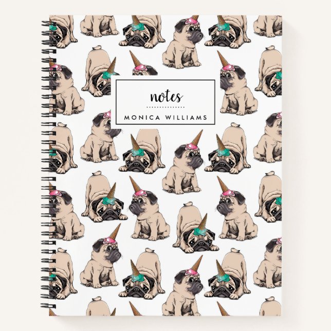 Carnet Ajoutez votre nom | Carlins à chiots | Unicorne en (Devant)