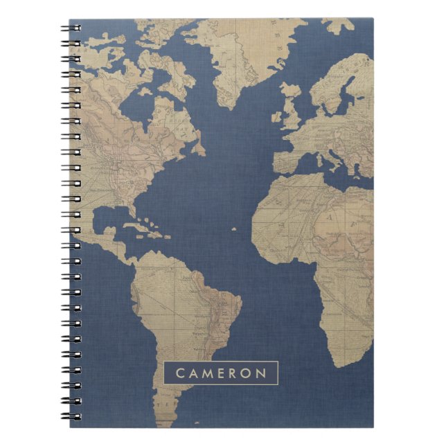Carnet Ajoutez votre nom | Carte du monde or et bleu (Devant)