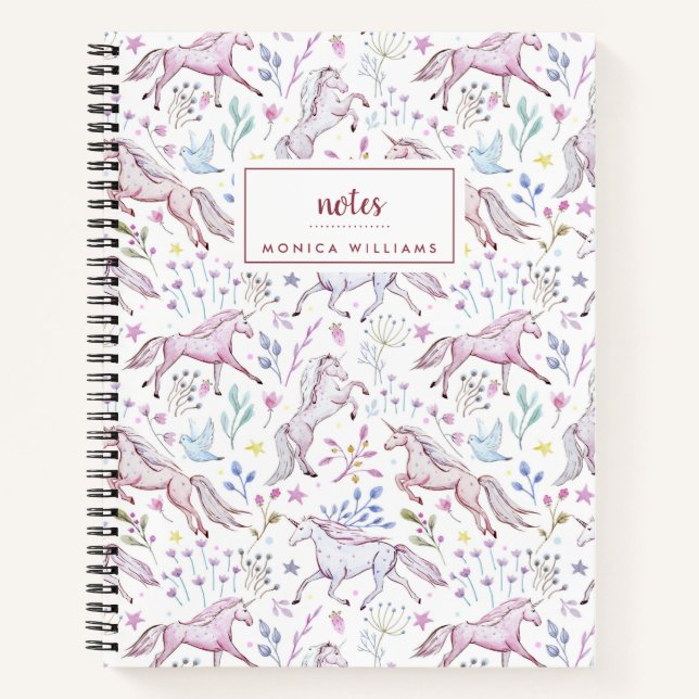 Carnet Ajoutez votre nom | Unicorne d'aquarelle florale (Devant)