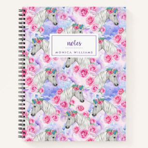 Carnet Ajoutez votre nom   Unicornes et Motif Rose
