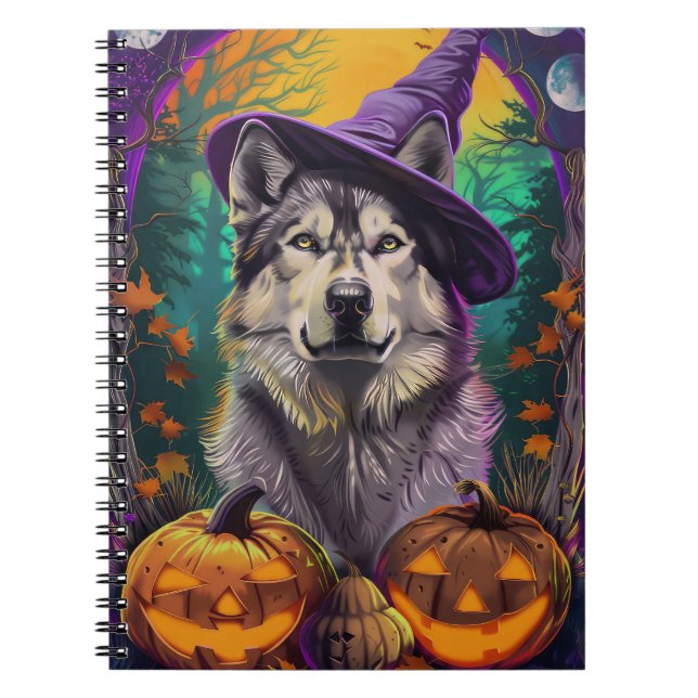Carnet Alaskan Malamute Halloween sorcière et Citrouille (Devant)