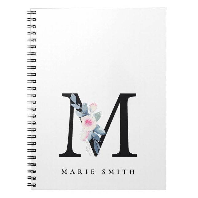 CARNET ALPHABÈTES FLORAUX BLEUS DOUX NOM LETTRE M (Devant)