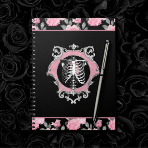Carnet Amour gothique   Squelette rose et noir Coeur flor