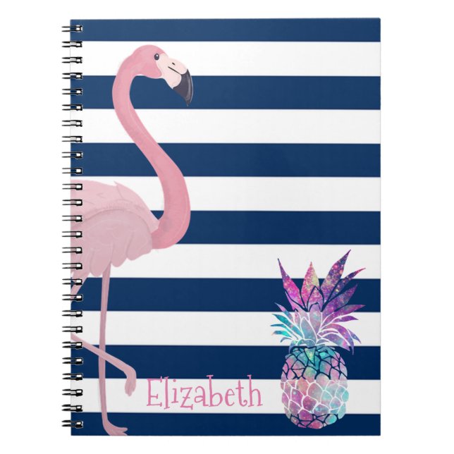 Carnet Ananas, Flamant rose Marine Bleu Stripes Personnal (Devant)