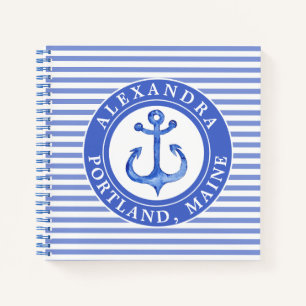 Carnet Ancre nautique Marine Bleu rayé Personnalisé